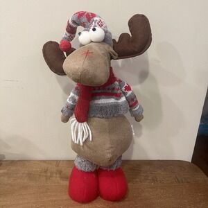 Standing Christmas Moose Plush Decor 15" Knit Sweater Hat Scarf Holiday Figure